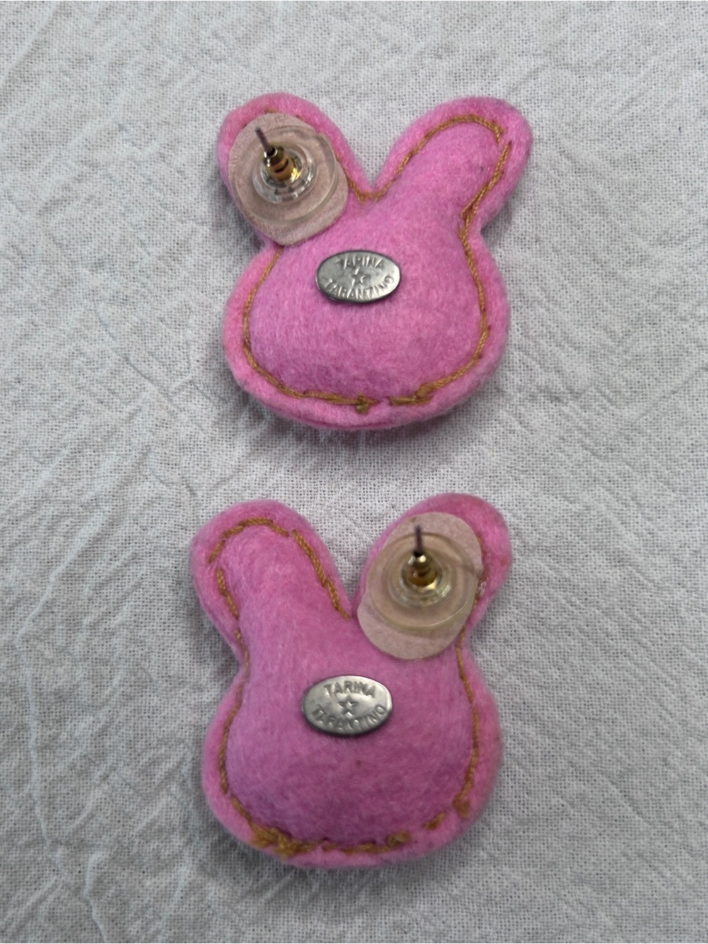 Tarina Tarantino- Rare, Vintage Swarovski Crystal Pink Felt Bunny Puff Earrings - Picture 3 of 4